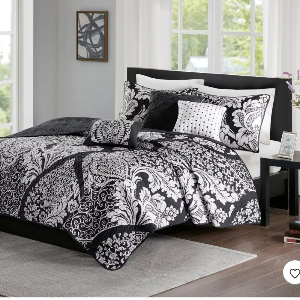 Madison Park Reversible Coverlet Set Black: Damask, OEKO-TEX Certified
